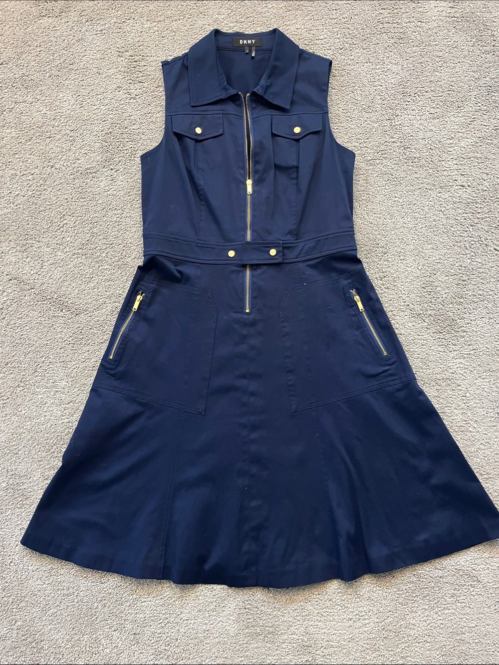 Dkny Navy Sleeveless Zip-Front A-Line Dress with Gold Hardware